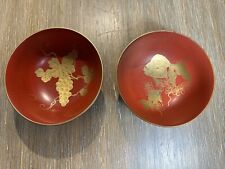 Two VTG/Antique Asian Lacquer Ware Bowls - Goldfish & Grapes Design in Gold picture