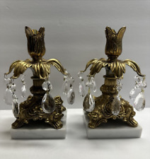 Set of 2 (pair) Hollywood Regency Candle Sticks Prisms Metal Brass Marble 8