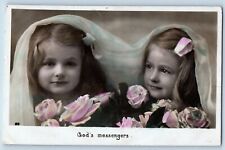 Pretty Little Girls Postcard RPPC Photo God's Messengers Roses Flowers c1910's picture