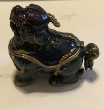 Bejeweled Foo Dog Trinket Box Pearl Hinged Magnet Metal Enameled picture