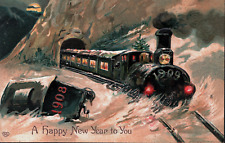 1909 Embossed Train Wreck New Year postcard 1908 Locomotive Caboose Derailed picture