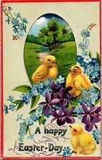 c1910 Antique Easter Postcard. Chicks' flowers embossed a1 picture