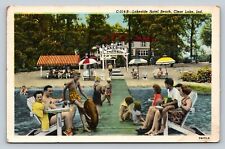 c1951 People at Lakeside Hotel Beach Clear Lake Indiana Vintage Postcard 1258 picture