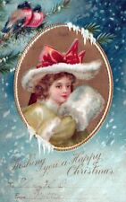 CHRISTMAS - Girl With Muff Wishing You A Happy Christmas Postcard - udb - 1906 picture