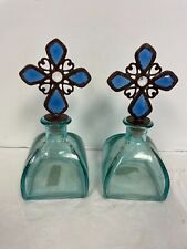 x2 Aqua Vintage Glass Bottles w/Cross Top Stoppers 8.25