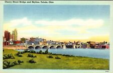 View Of Toledo Ohio Cherry Street Bridge And Skyline Linen Post Card picture