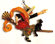 WITCH w BLACK CAT, FLYING on BROOMSTICK * Glitter HALLOWEEN ORNAMENT  Vtg Img picture