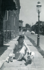 AB792 Original Vintage Photo WOMAN WITH HER TWO DOGS ON SIDEWALK c 1940's picture