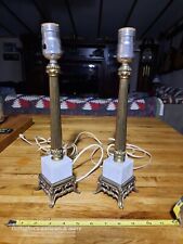Vintage Hollywood Regency Brass & Marble Table Lamps 13.5 Pair White picture
