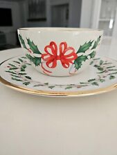 Lenox Holiday Christmas Bowl 16oz Green Holly & Red Ribbon Gold with Plate picture