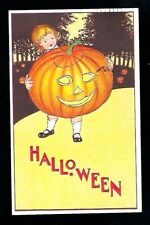 1915 Halloween Postcard Young Girl Holding a Large Pumpkin picture