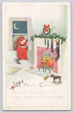 Postcard Christmas Santa Claus Crawling Out Window Fireplace Stockings Toys Moon picture