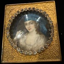 Antique gold round portrait Lady Rhinestones By A.M.W. Vanity FRAME 24kt gold pl picture