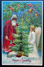 Red Robe~Santa Claus with Angel~~Tree-Antique~Christmas Postcard~k118 picture