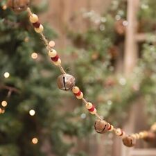 NEW Farmhouse Christmas Garland BEAD BELL 5 feet Red Tan Rust Wood Holiday Decor picture