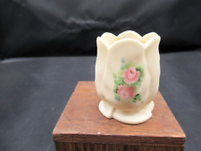 VINTAGE TINY TOOTHPICK HOLDER CREAM COLOR FLOWERS HANDPAINTED SIGNED picture