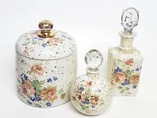 Vtg Speckled Vanity Beauty Set- Jar/Perfume/Lotion Bottles/Floral Set Of 3 Glass picture