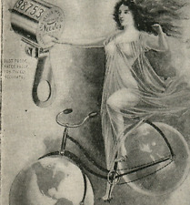 1898 Veeder Cyclometer Fantasy Goddess Riding Bicycle Globe Wheel Windy Ad A077 picture
