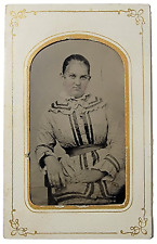 Original Old Vintage Antique Tin Type Photo Picture Image Lady Striped Dress picture