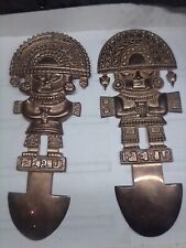 Pair Of Vintage Brass Peruvian Tumi Figure Wall Hangings Ceremonial Blade Aztec picture