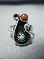WHIMSICAL VINTAGE NAVAJO NATIVE AMERICAN TURQUOISE CORAL STERLING SILVER RING picture