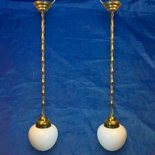 Wired Pair Antique Pendant Light Fixtures Rare Milk White Globes Shades 151B picture