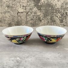 Vtg Chinese Porcelain Hand Painted Famille Noire Rice Bowl Set 2 Shancai c1960 picture