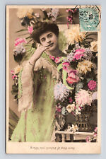c1906 RPPC French Hand Colored Portrait of Beautiful Woman Flowers Love Postcard picture