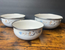Vintage Metal Enamelware Nesting Bowls Blue White Floral with Silver Trim picture