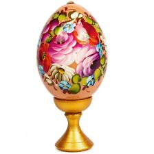 Zhostovo Wood Easter Egg on a Stand, Peach Floral Egg, Painted by Hand 4.7