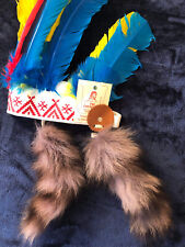 Vtg Made by Cherokees Qualla Reservation Coonskin & Feather Headdress Souvenir picture
