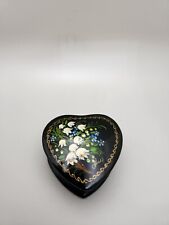 Vintage Heart Shaped Trinket Box Black Lacquered Hand Painted Lily of the Valley picture