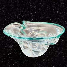 Vintage Art Glass Pinched Ashtray Dish Bowl Clear With Colored Edges 4”T 6.5”W picture