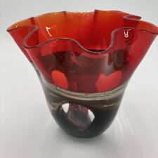 Red Hand Blown Art Glass Handkerchief Vase Bowl Abstract Medium Size 6.5” Tall picture