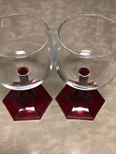 Mid Century Pair Luminarc France  Wine Glass Ruby Red Stem Hexagonal Base  5