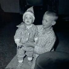 Boy With Baby Wearing Striped Christmas Pajamas & Hat B&W Photograph 3.5 x 3.5 picture