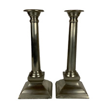Brushed Nickel Pewter Candlesticks Taper Candle Holders Square Base Traditional picture