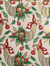VTG CHRISTMAS WRAPPING PAPER GIFT WRAP CORNUCOPIA HOLLY ORNAMENTS NOS 1960 picture
