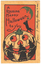 VINTAGE HALLOWEEN POSTCARD RARE  WITCHES DANCING AROUND LARGE JOL/ CAT HANGING picture