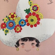 Vintage Mid Century Greeting Card Birthday Cute Girl Flower Sombrero Hat Earring picture