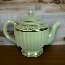 Vintage Redware Teapot Mint Green Gold Trim 7” Sunburst Pattern Made in Japan picture
