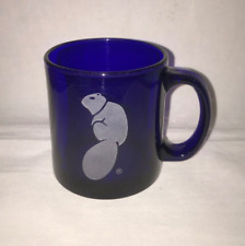 Vtg Libbey Cobalt Blue Beaver Squirrel wildlife Coffee Cup USA Etched Glass 12oz picture