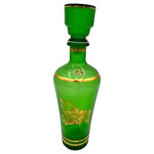 VTG 1950s Italian Glass Cordial DecanterGreen Gold Accents & Stopper 11” picture