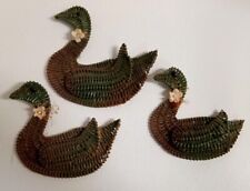VTG MCM Cute Wicker Rattan Set of 3 Ducks Wall Art Decor Hangings Bead Eye picture