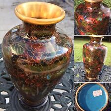 19c CHINESE VASE CLOISONNE HAND PAINTED DETAIL ENAMEL GUILLOCHE  w WOOD STAND picture