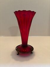 Antique Red Glass Bud Vase with Brass Stand picture