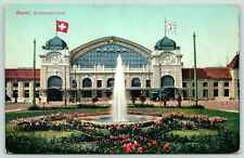 Basel Switzerland~8:25 at Bundes Bahnhof~Railroad Depot Clocktower~Flags~c1910 picture