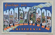 Greetings from Hollywood Postcard California 1940s Large Letters Linen Unposted picture