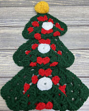 Vtg Handmade Christmas Decoration Crocheted Christmas Tree Green Red White 12” picture