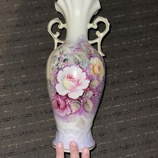 Large Floral. Vase Vintage Double Handle Rare Hand Painted 14 In Tall picture